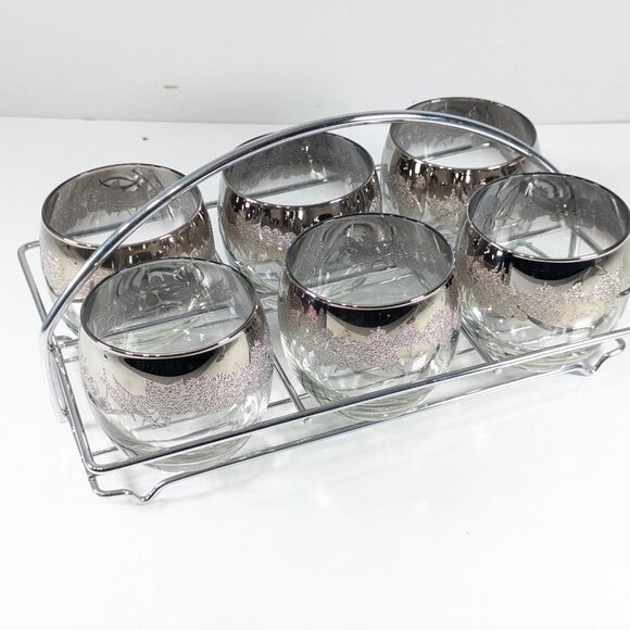 MCM chromed bar caddy with 6 Silver ombre fade Fade Roly Poly cocktail glasses - Picture 9 of 9